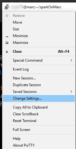 Image showing where the "Change Settings" option for Putty is located
