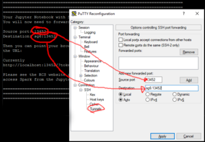 Putty Settings dialogue box showing the required port forwarding.